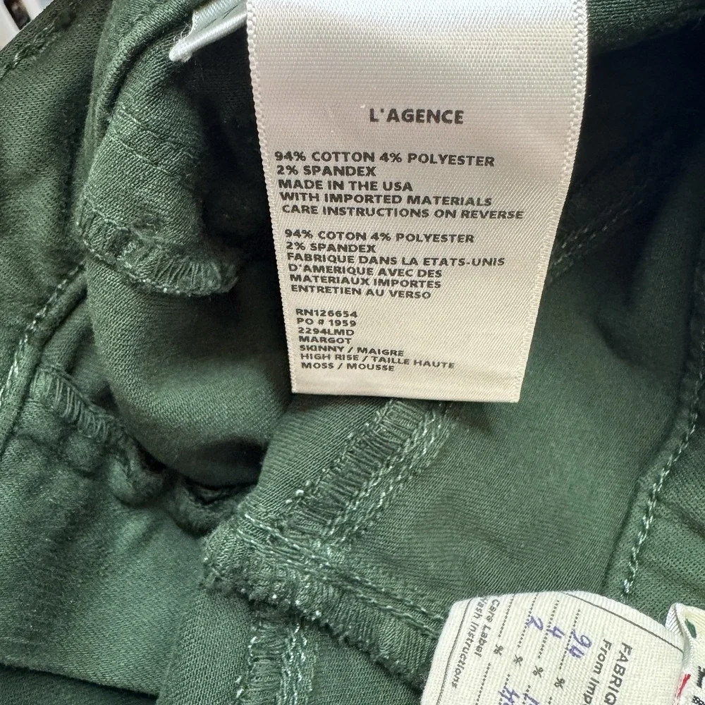 L'Agence Margot Skinny High Rise Jeans Moss Green Size 27